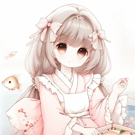tjxbd_v3,1girl, solo, kimono, long hair, japanese clothes, pink kimono, fish, bangs, brown eyes, apron, frills, looking at viewer, brown hair, white apron, parted lips, frilled apron, bow, long sleeves, hair ornament, very long hair