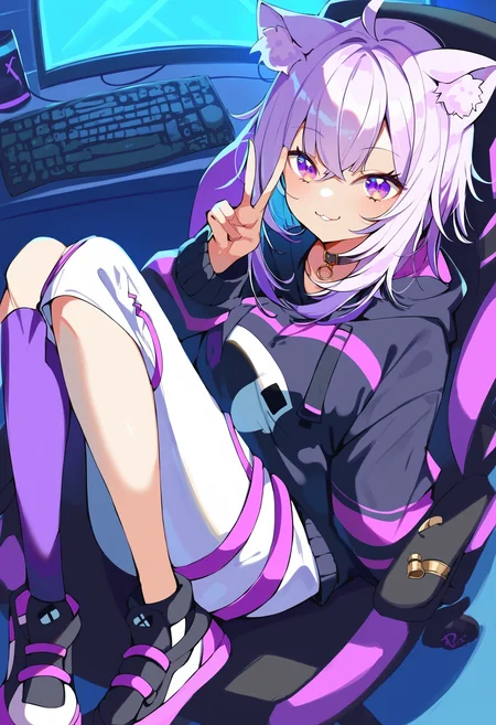 score_9, score_8_up, score_7_up, score_6_up, source anime,
nekomata okayu, nekomata okayu default, animal ear fluff, black hoodie, onigiri print, asymmetrical legwear, white pants,
smile, :3, looking at viewer,
full body, sitting, knees up, gaming chair,
indoors, v
<lora:nekomata_okayu_v2:1>