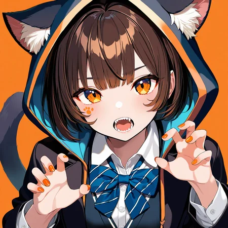 masterpiece,best quality, 1girl, solo, animal ears, bow, teeth, jacket, tail, open mouth, brown hair, orange background, bowtie, orange nails, simple background, cat ears, orange eyes, blue bow, animal ear fluff, cat tail, looking at viewer, upper body, shirt, school uniform, hood, striped bow, striped, white shirt, black jacket, blue bowtie, fingernails, long sleeves, cat girl, bangs, fangs, collared shirt, striped bowtie, short hair, tongue, hoodie, sharp teeth, facial mark, claw pose,fingers,