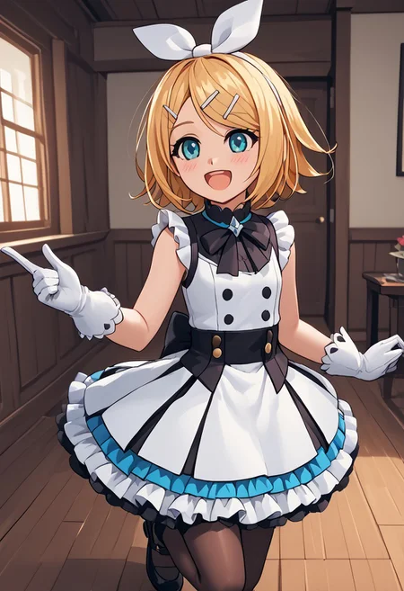 score_4,score_5,score_6,score_7_up,score_8_up,score_9 ((masterpiece,best quality,ultra detailed,highres,HD,4k:1.2)),
Azure Striker Gunvolt(Main),shining highlights,
1 cute girl,solo,girl focus,solo focus,face focus,
indoors,
KagamineRin,blond hair, short hair, hairclip, white hairband, hair bow,
ribbon on clothes, pantyhose, white gloves, gloves, sleeveless dress, frilly dress, black footwear, black shoes,
smile,happy,open mouth,blush,