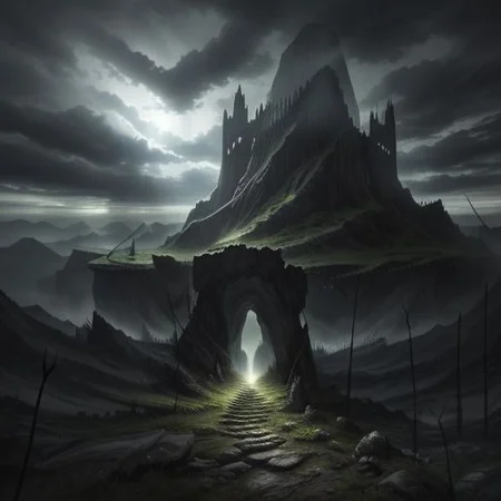 Dystopian
Watchful elves
Dark, protective clothing
Bows and arrows
Sorrow and caution
Dark cave entrance
Menacing, enchanted forest
Heavy, clouded sky
Merging shadows
Imminent danger
Bare trees
Ominous silence
Weak light through clouds
Tense atmosphere