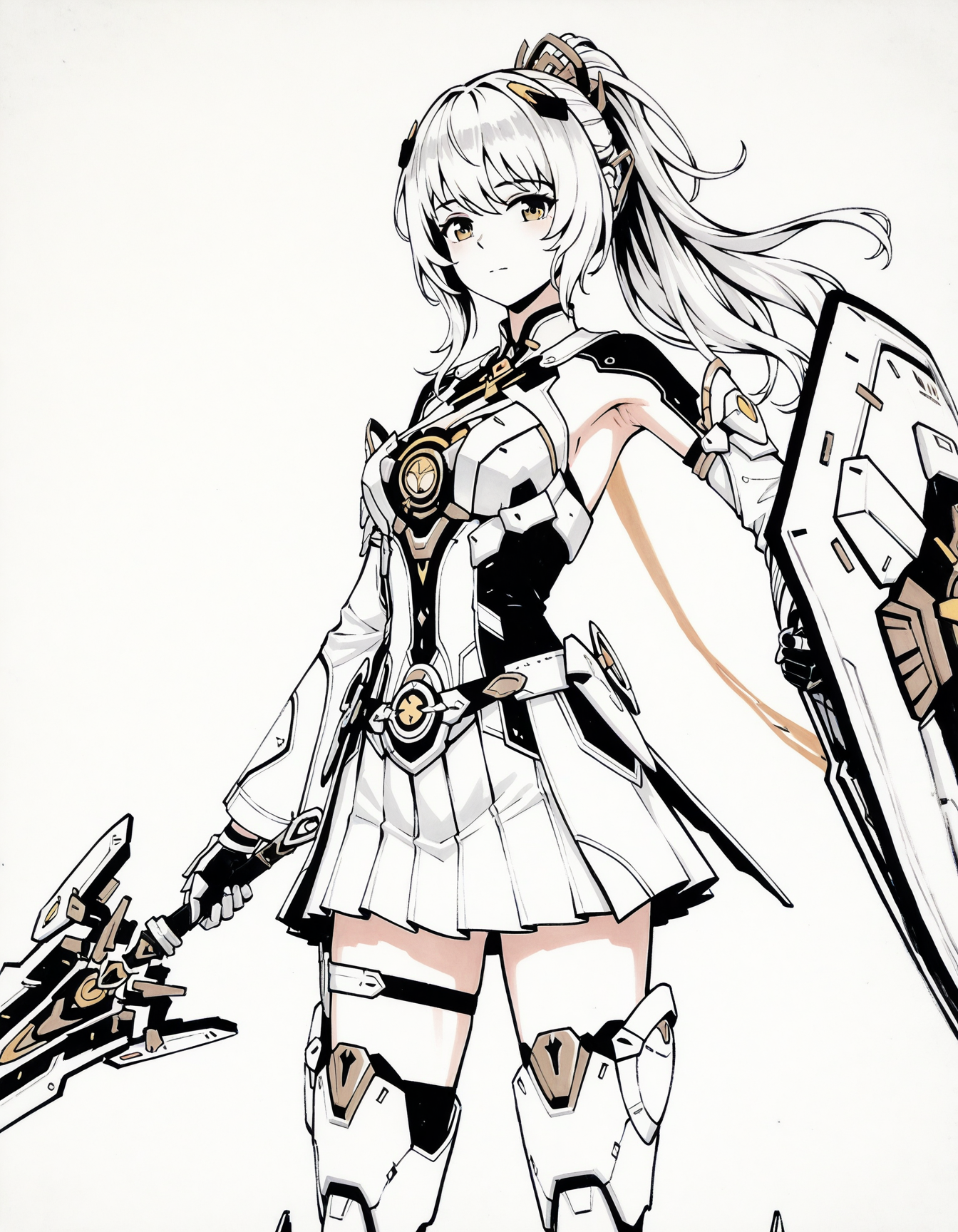 <lora:mai_pgr_nanami_mxzj:0.6>,mai_pgr_nanami_mxzj,1girl,solo,breasts,looking_at_viewer,skirt,gloves,thighhighs,holding,closed_mouth,ponytail,weapon,pleated_skirt,boots,sword,holding_weapon,thigh_strap,holding_sword,thigh_boots,headgear,science_fiction,shield,joints,mecha_musume,robot_joints,holding_shield,mechanical_legs,armpit_cutout,
cowboy shot,<lora:chines_Ink_painting_IL_MIX:1.5>,wuguanzhong,zhang daqian,qi baishi,painting \(medium\),traditional media,simple background,partially colored,negative space,limited palette,