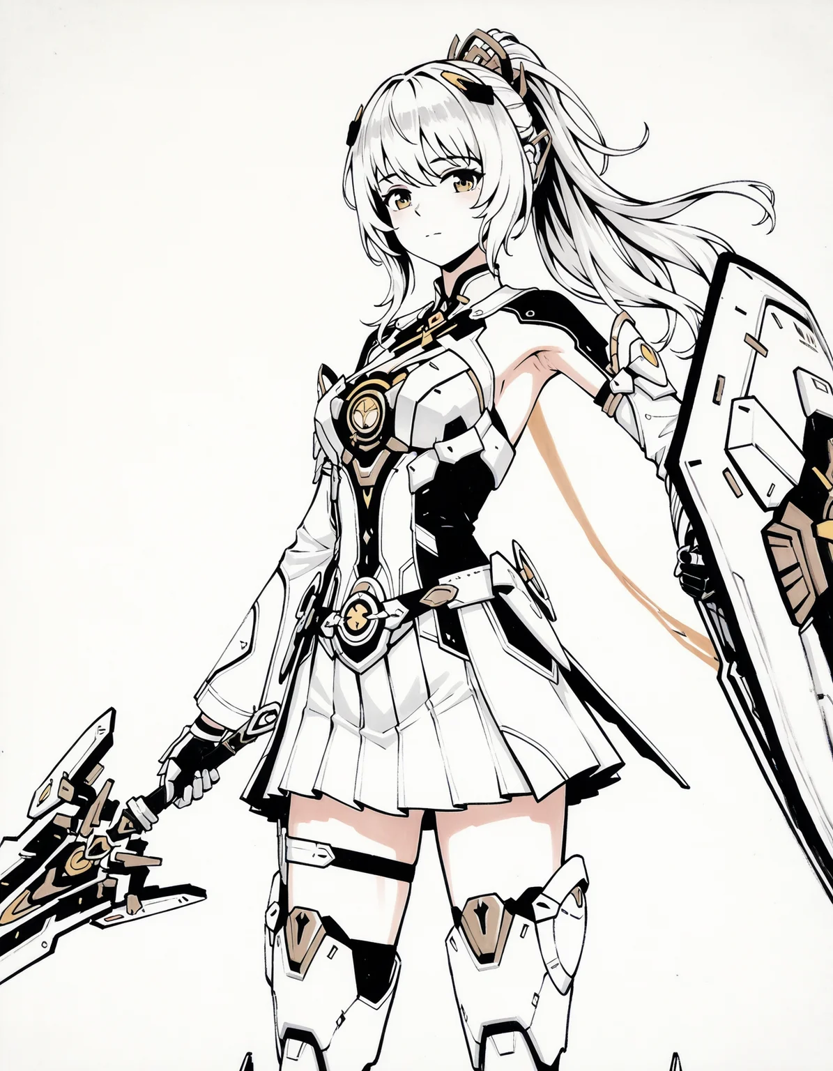 <lora:mai_pgr_nanami_mxzj:0.6>,mai_pgr_nanami_mxzj,1girl,solo,breasts,looking_at_viewer,skirt,gloves,thighhighs,holding,closed_mouth,ponytail,weapon,pleated_skirt,boots,sword,holding_weapon,thigh_strap,holding_sword,thigh_boots,headgear,science_fiction,shield,joints,mecha_musume,robot_joints,holding_shield,mechanical_legs,armpit_cutout,
cowboy shot,<lora:chines_Ink_painting_IL_MIX:1.5>,wuguanzhong,zhang daqian,qi baishi,painting \(medium\),traditional media,simple background,partially colored,negative space,limited palette,