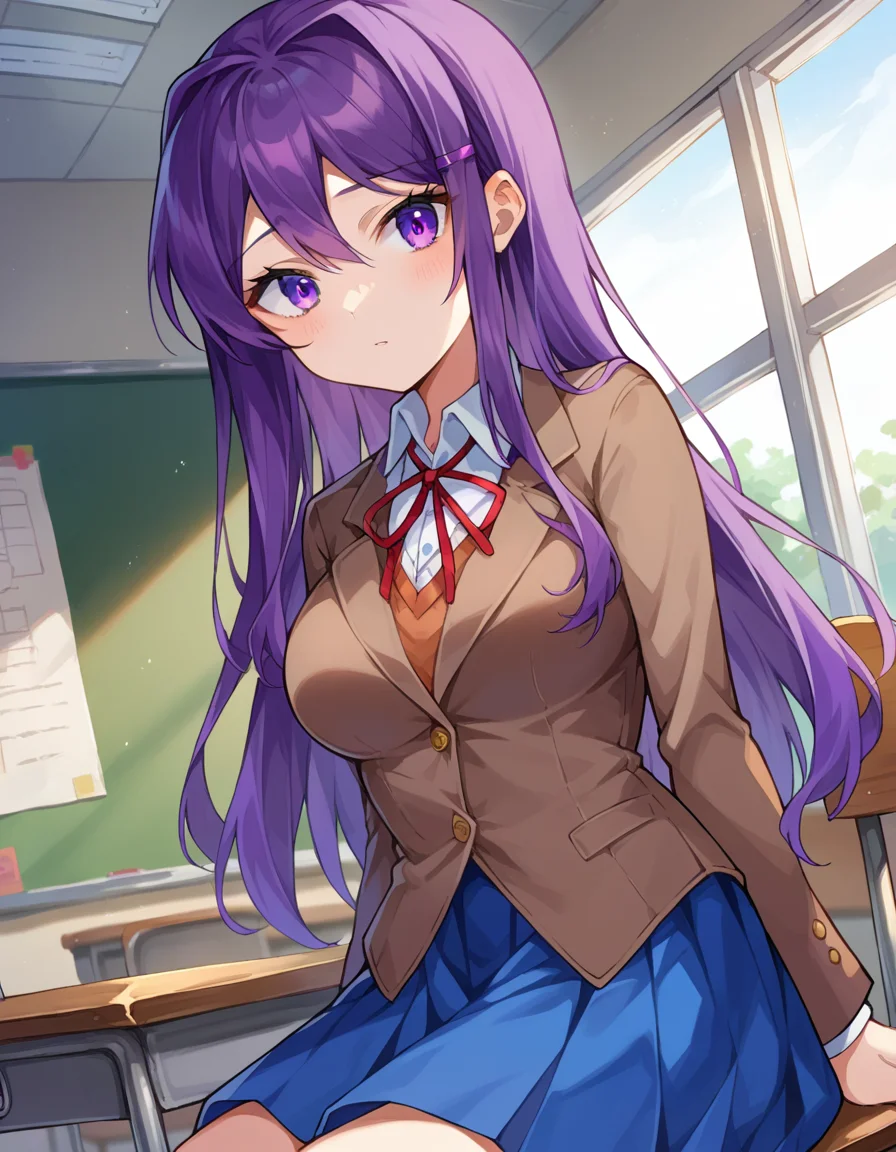 score_9, score_8_up, score_7_up, source_anime,
ddlcyuri, <lora:ddlc-yuri-ponyxl-lora-nochekaiser:1>
ddlcyuri, hair ornament, hairclip, long hair, purple eyes, purple hair,
blazer, blouse, blue skirt, jacket, brown jacket, miniskirt, neck ribbon, ribbon, school uniform, shirt, skirt, white shirt, wing collar,
indoors, classroom, sitting, desk, chair,
looking at viewer, dutch angle, cowboy shot,