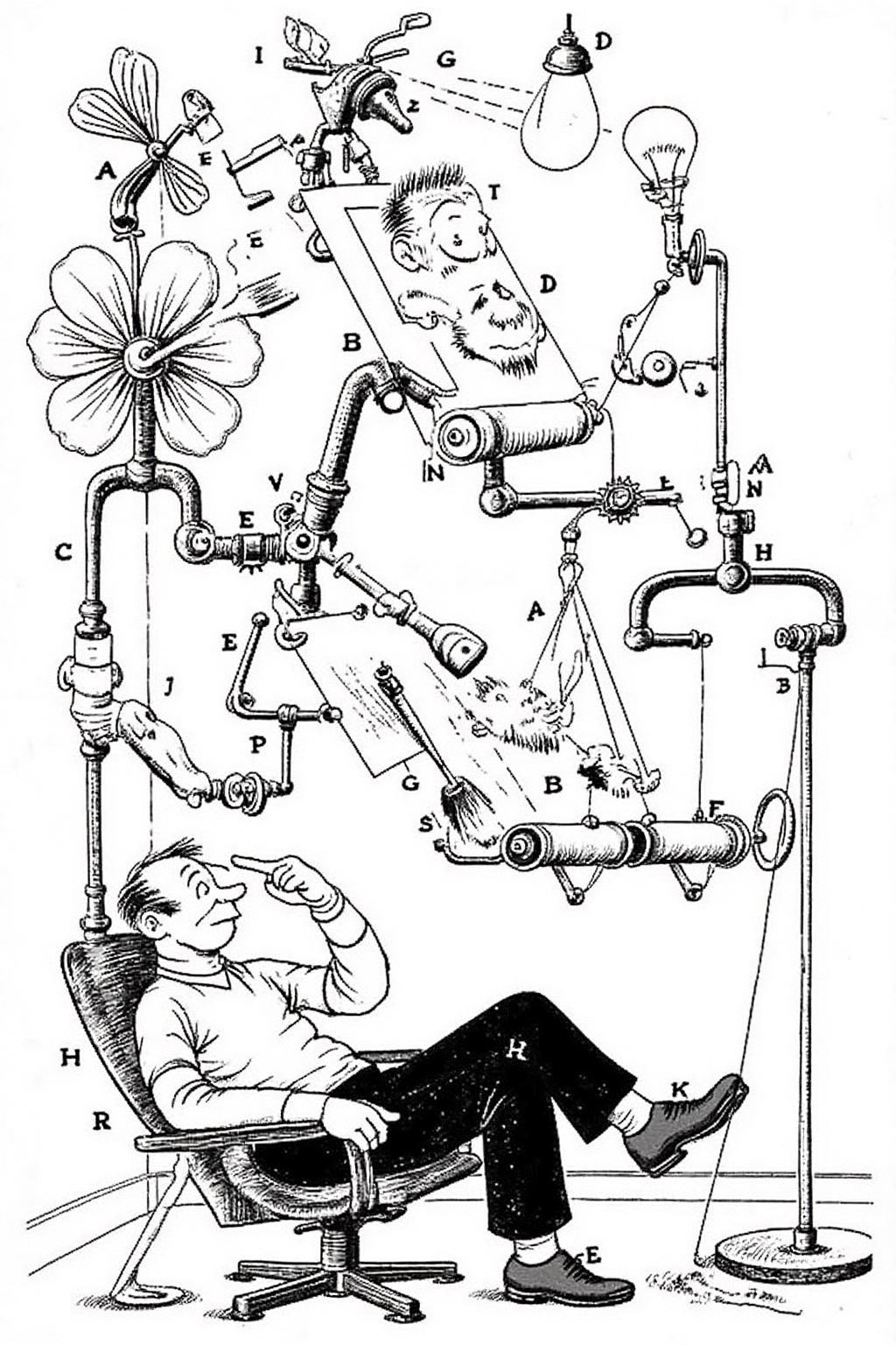 rugo1 illustration.
 depicting an over-the-top, comical contraption designed to print images. The central figure is a relaxed man lounging in a chair while a complicated machine with gears, belts, and springs operates above him. The machine has mechanical arms holding art tools like brushes and pens, sketching exaggerated faces onto a drawing pad attached to rollers. Various whimsical elements are included: a fan with flower-like blades, a mechanical hand pulling a lever, and a lightbulb glowing over the setup. The scene has a playful, vintage 1960s illustration style, full of intricate details and humorous chaos. 
The man has his fingers pointing to his temple as if in though, while the machine appears to be reading his thoughts.
 <lora:rugo1_cap_d6a3e11:1.0><lora:828771986529408769:0>