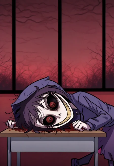 head lying down on desk, head down on desk, classroom, windows, red sky, dark red sky, cloudy, blood red sky, horror, scary, 
BREAK
1 girl, solo, short hair, purple hair, long eyelashes, purple hoodie, purple skirt, purple shoes, hood up, short black hair, messy hair, red eyes, small pupils, black sclera, bloody face, wide grin, wide smile, wide eyed, scary, evil smile,