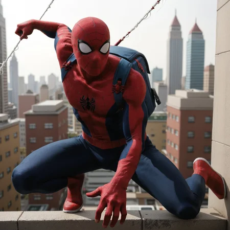 spider web, city, backpack, outdoors, white background, web slinging pose, spider-man, holding web, spider-man fingers, spiderman logo on chest, realistic poses