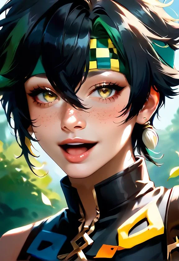 score_9, score_8_up, score_7_up, all in one, masterpiece, best quality, lots of details, (1boy:1.3), male focus, (slim1.5), <lora:sdxl_lightning_8step_lora:0.75>, <lora:add-detail-xl:0.7>, <lora:Smooth Anime 2 Style SDXL_LoRA_Pony Diffusion V6 XL:0.65>, shaded, detailed shading, detailed skin, shaded skin, realistic shading, looking at viewer, countershading:1.1, outdoors, sloppy open mouth, cute smile, hair between eyes, free pose, Shallow depth of field, <lora:Kinchi-05:0.74>, kinchi, headband, short hair, yellow eyes, two-tone hair, streaked hair, black hair, green hair, default outfit