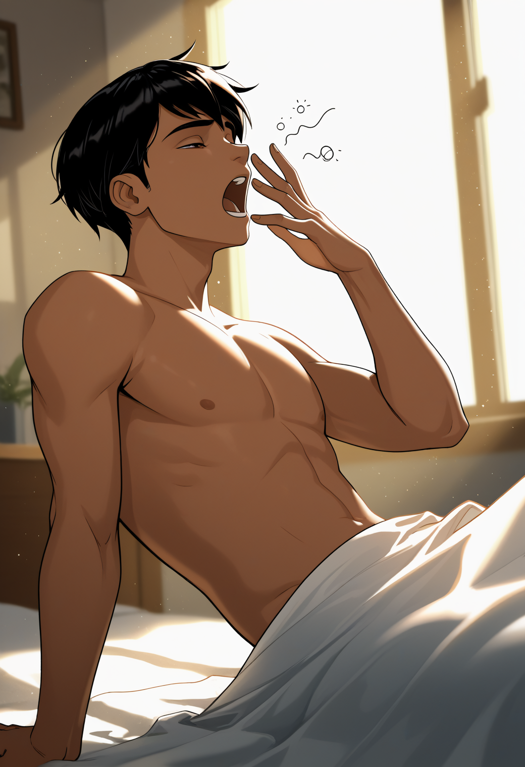 masterpiece,best quality,
1boy,male focus,
<lora:rex_salazar_NAI_EPS_1_0_CAME_v1_rev6:1>,
r3x5GR,black hair,brown eyes,dark skin,
alternate hairstyle,reclining,arm support,topless male,on bed,sitting,naked sheet,morning,sunlight,light particles,window shade,yawning,closed eyes,indoors,
depth of field,atmospheric perspectiveâââ,âââ