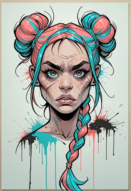 masterpiece, best quality, 1nkPnk, solo, 1girl, braid, hair bun, double bun, multicolored hair, looking at viewer, rough sketch, messy, comic art style, ink splatter, ink (medium), pencil (medium), sketch