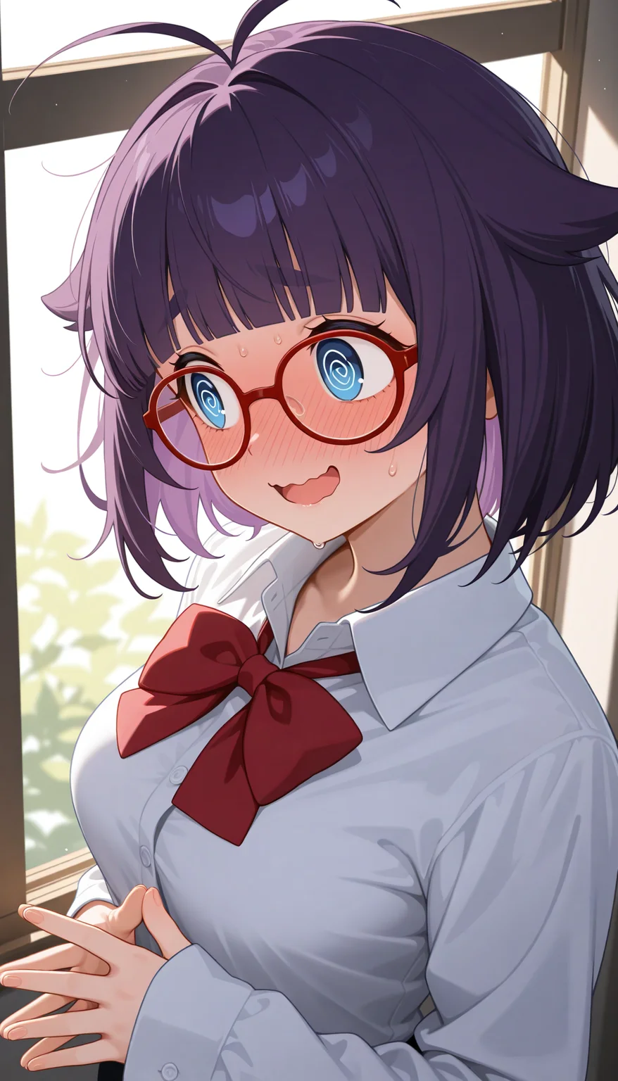 masterpiece, best quality, amazing quality, very aesthetic, high resolution, ultra-detailed, absurdres, newest, scenery, 1girl, solo, purple hair, medium bob, choppy blunt bangs, sidelocks, hair flaps, antenna hair, blue eyes, round eyes, tareme, smile, open mouth, wavy mouth, raised inner eyebrows, (round eyebrows:1.2), full-face blush, @ @, sweatdrop, medium breasts, round red-framed glasses, loose collared white shirt sleeves past wrists, red bowtie, messy hair, looking away, embarassed, steepled fingers, window, dappled sunlight, upper body, head tilt, from above, dutch angle, BREAK, delicate hair, volumetric lighting