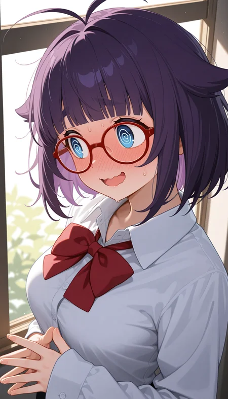 masterpiece, best quality, amazing quality, very aesthetic, high resolution, ultra-detailed, absurdres, newest, scenery, 1girl, solo, purple hair, medium bob, choppy blunt bangs, sidelocks, hair flaps, antenna hair, blue eyes, round eyes, tareme, smile, open mouth, wavy mouth, raised inner eyebrows, (round eyebrows:1.2), full-face blush, @ @, sweatdrop, medium breasts, round red-framed glasses, loose collared white shirt sleeves past wrists, red bowtie, messy hair, looking away, embarassed, steepled fingers, window, dappled sunlight, upper body, head tilt, from above, dutch angle, BREAK, delicate hair, volumetric lighting