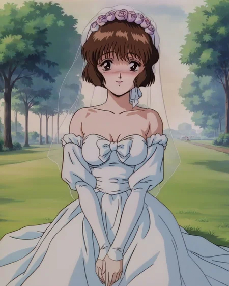 <lora:akemitakase_pny:0.75> akemitakase, 1gir, brown hair, short hair, bob cut, brown eyes, medium breasts, wedding dress, bare shoulders, source_anime, anime screencap, retro artstyle, outdoors, grass, tree, park, lights shafts, smile, (sitting, on ground, looking at viewer, blush:1.2),, score_9, score_8_up, score_7_up, score_6_up, score_5_up, score_4_up, ponypositive,