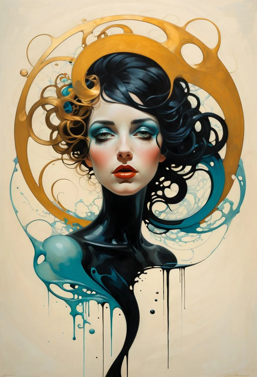romanticism art by Jean-Leon Gerome and Conrad Roset, Painting, singularity black rivers ripple their banks in the depth-spanning evocative form of this pullarist and whimsical creation: one with an intelligent figure who radiatest passion and intelligence. She wearstrupted into her impressionist physique to decipher what she wants out. She moves confidently across all shapes and sizes crafted from high fiber, carrying through a swirly energy network in which they are filled with complex parts. It is both terrifying for viewers and captivating melancholic. , luxurious sharp focus, intense, dynamic cinematic color, intricate detail, best, located artistic, Fashion and art,elegant and sophisticated, innovative use of light and shadow, capturing the glamour of mid-20th century fashion, Art Nouveau, decorative, allegorical, symbolic