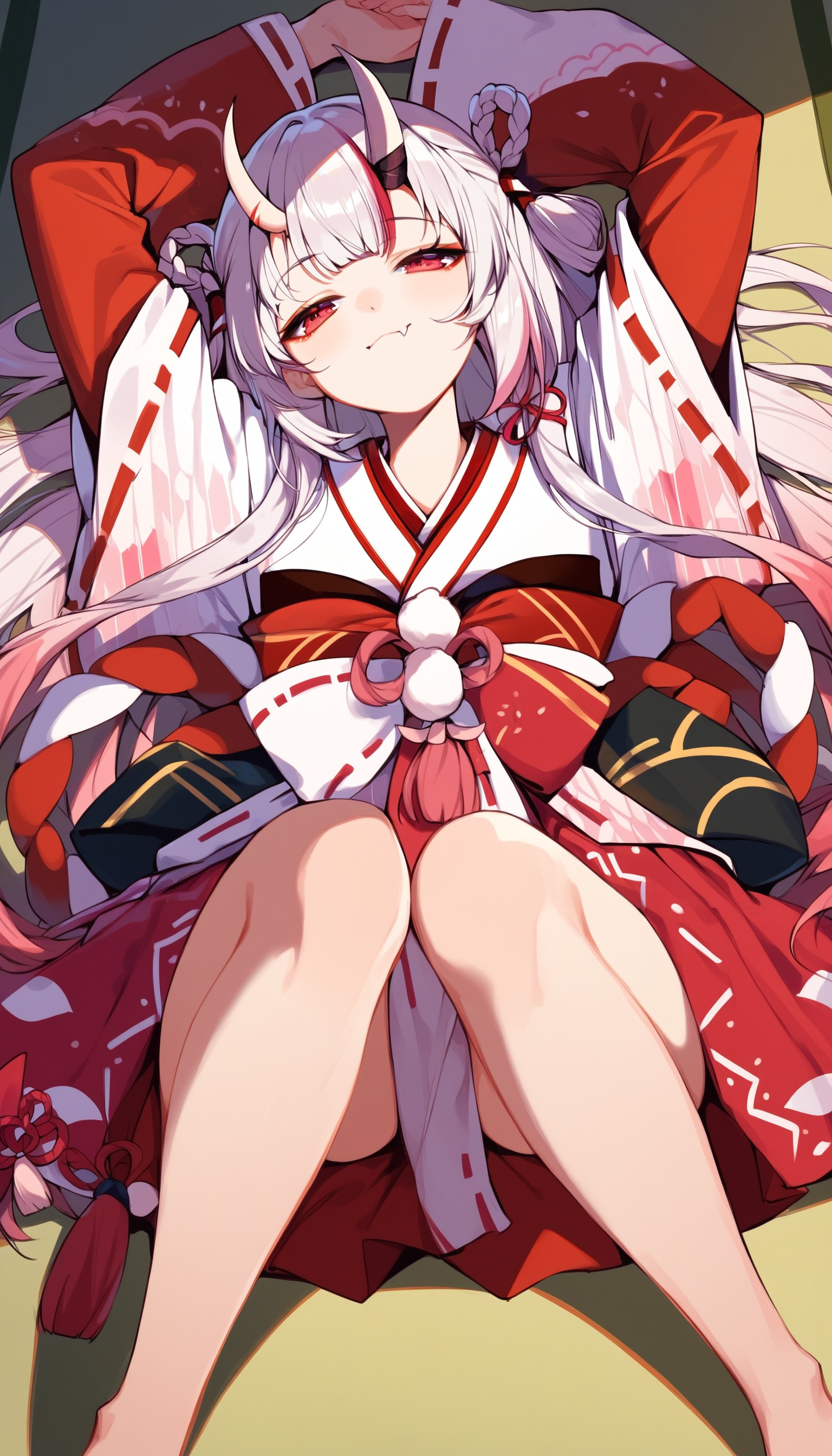 score_9, score_8_up, score_7_up, score_6_up, source anime, suggestive,
nakiri ayame, nakiri ayame miko, 1girl, oni, skin-covered horns, long hair, solo, half-closed eyes, :3, fang, kimono, on back, knees together feet apart, arms up, from above, sleep bubble
<lora:nakiri_ayame_v1:1>
