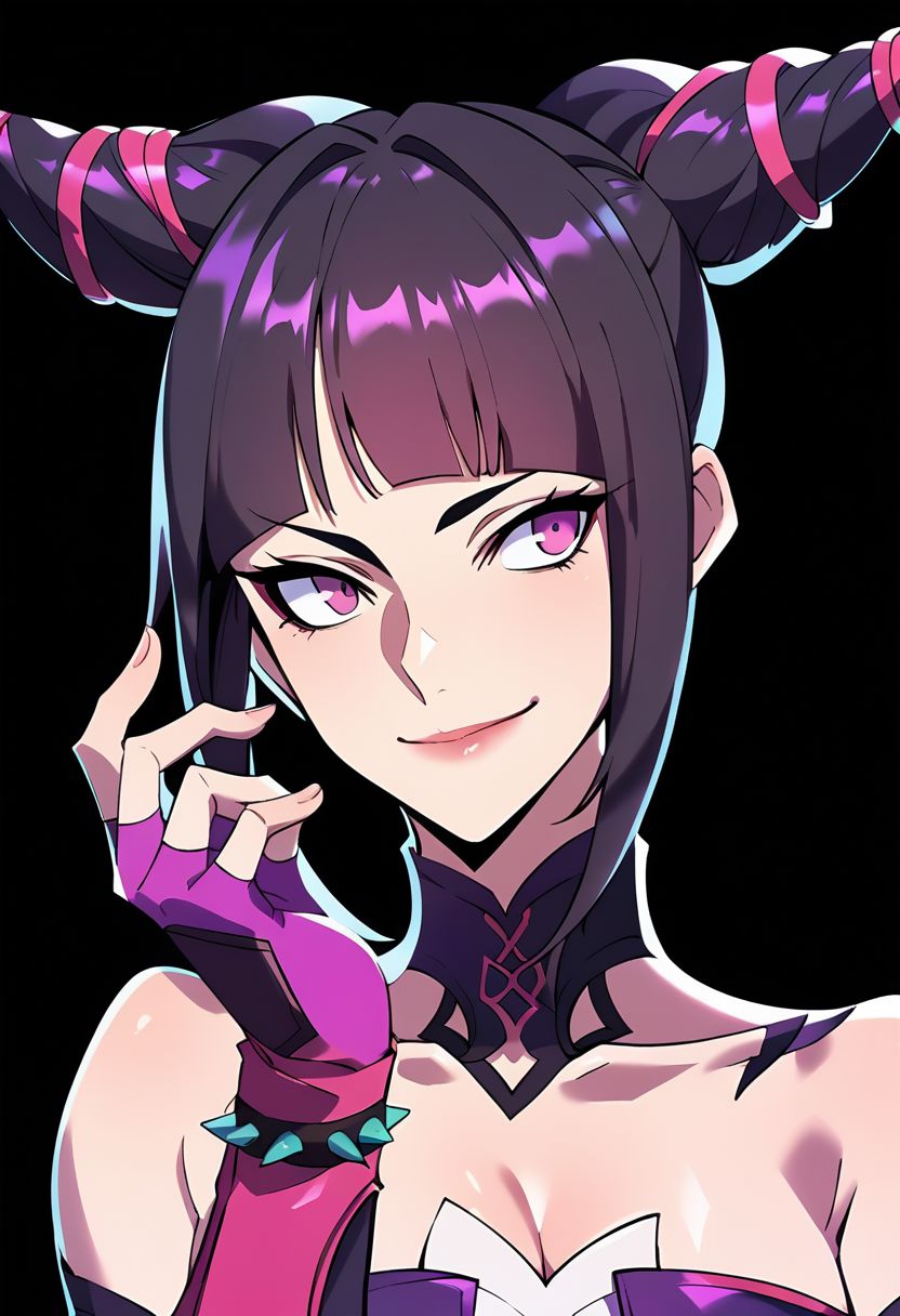score_9,score_8_up,score_7_up,score_6_up, easynegative, Magnus_PS, 1girl, twintails, black hair, purple eyes, fingerless gloves, bare shoulders, han juri, purple gloves, blunt bangs, closed mouth, lips, cleavage, dress, smile, small breasts, strapless, choker, long hair, upper body, hair ribbon, simple background, looking to the side, looking at viewer, collarbone, black background, collar, epiCPhoto
