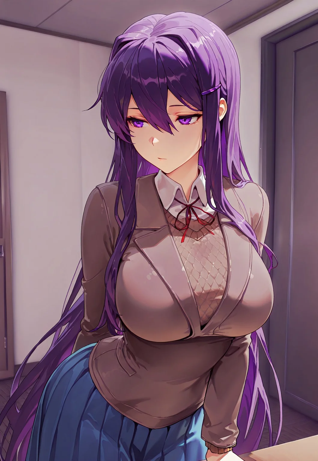 safe_pos, masterpiece, hires, 1girl, ddlcyuri, purple hair, long hair, purple eyes, hair ornament, hairclip, hair between eyes, very long hair, large breasts, blazer, brown sweater, collared shirt, neck ribbon, blue skirt, posing, indoors