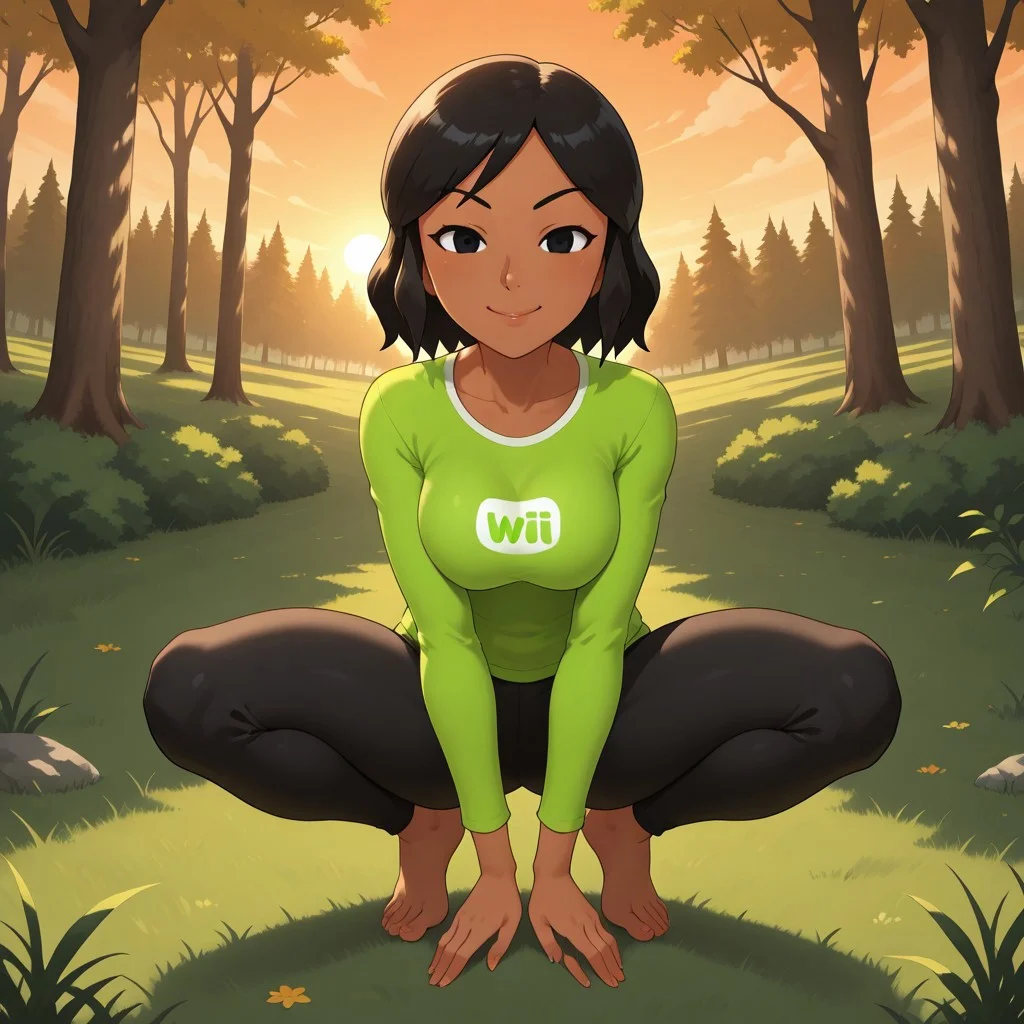 score_9, score_8, BREAK, solo, wii, mii, 1girl, female mii, wii sports, cute, adorable face, black hair, black eyes, black eyebrows, light green clothing, black pants, barefoot, dark skin, dark skin female, breasts, HaruWS, nintendo mii, modern_mii, classic_mii, tall, adult female, mature female, sexy pose, self portrait, smile, looking at viewer, outdoors, sunlight, shadows, evening lighting, natural lighting, forest, trees, grass, orange sky, sunset