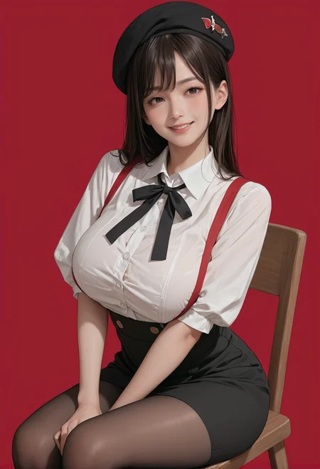 1girl,solo,red background,,ruanyi0902,beret,black ribbon,collared shirt,black pantyhose,high-waist skirt,white shirt,suspenders,
sitting,stool,<lora:0902 Home wear 5_v1_pony:0.6>, score_9, score_8_up, score_7_up, score_6_up, score_9, score_8_up, score_7_up, score_6_up source_anime, blush, 1girl, seduce smile, perfect body , natural huge breasts