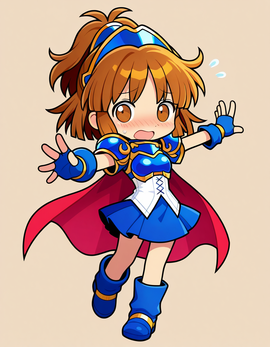 <lora:Puyoarle_SDXL_Illustrious01_fp16_ver04:1>,arleP4, 1girl,solo,brown hair,bangs,hair updo,tiara,blue skirt,red cape, brown eyes, armor, blue boots,cross-laced shirt,fingerless gloves,embarrassed,outstretched_arms,puyopuyo official style,chibi, masterpiece, best quality, very aesthetic, absurdres,<lora:detailed_hands:1>,hand