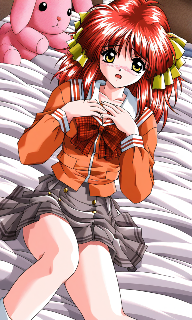 general,highres, ultra-detailed,very aesthetic,best quality ,best hands, BREAK <lora:Kisaragi_Hina_Akumu_AoiKajitsunoSange_IS:1>
Kisaragi_Hina, 1girl, solo, red hair,  medium hair, yellow eyes, hair ribbon, small breasts,
rabbit, stuffed toy, open mouth, short,
embarrassed, orange school uniform, ribbon, white+gray skirt, outdoors,hands on own chest,, check skirt, plaid bow, long sleeves, serafuku, 
bed room, sheet, bed,