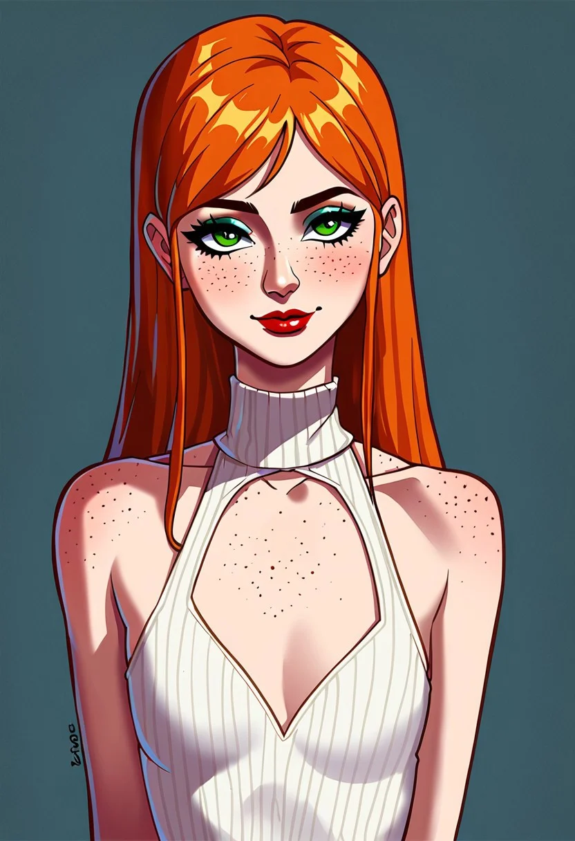 score_9, score_8_up, score_7_up, source_anime, masterpiece, alone, solo, 1girl, 18 years old, a sexy girl, flat chest, perfect face, green eyes, slender body, long legs, heartbreakingly beautiful, looking up at him, ginger hair, straight long hair, makeup, red lipstick, seductive, sexy woman, delicate, prominent chin, dream-like, loving look at viewer, Freckles, freckles on shoulders, freckles on chest, posh bedroom, cream virgin destroyer sweater, leaning forwards, seductive smile