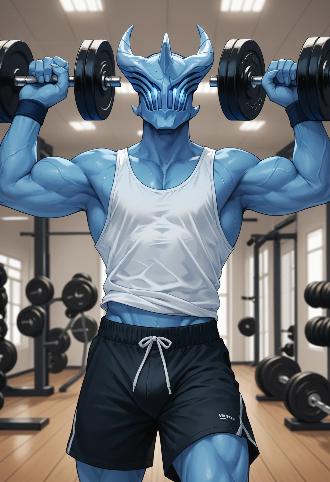 score_9, score_8_up, score_7_up, score_6_up, score_5_up, score_4_up, BREAK, razorpdxl, solo, horns, glowing, male focus, 1boy, helmet, blue skin, bare shoulders, white tank top, gym shorts, muscular, lifting weights, floating, <lora:Razor:0.8>