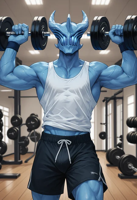 score_9, score_8_up, score_7_up, score_6_up, score_5_up, score_4_up, BREAK, razorpdxl, solo, horns, glowing, male focus, 1boy, helmet, blue skin, bare shoulders, white tank top, gym shorts, muscular, lifting weights, floating, <lora:Razor:0.8>