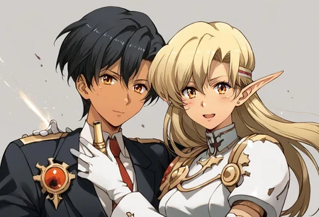 masterpiece, best quality, high quality, aesthetic, absurdres, insanely detailed, "1girl,  <lora:sonia_p_v1.5>,pointy ears,dark-skinned female, Dark skin, Dark elf,,blonde hair, medium breasts, long hair,"  "1boy, holding gun, red eyes, , black hair, gloves, aiming at viewer, handgun" , open mouth,  formal, short hair, blue eyes, hug, white gloves, blush, hetero, holding, suit, looking at viewer, happy, smiling, revolver, white dress, couple, hands on own chest, ,  frills, long sleeves, serious, upper body, finger on trigger, firing, bullet hole, half updo, foreshortening, <lora:chuo-higashi-guchi-style-xl_v1.0:1>
