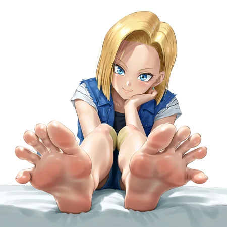 Android 18, arm rest, smile, dragon ball, blonde hair, blue eyes, earrings, looking at viewer, short hair, short sleeves, shorts, holding feet, foreshortening, bed, sitting, barefoot, soles, foot focus, close up, white background, from below