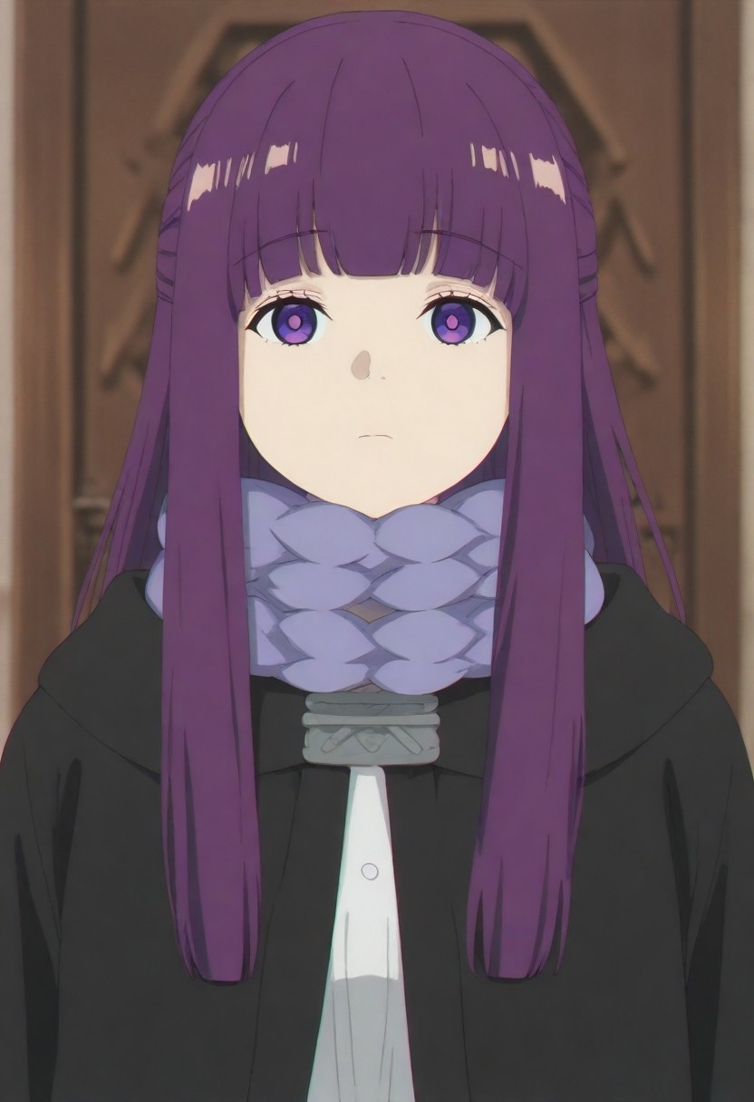 masterpiece, best quality, amazing quality,,, shiny skin,,,,,,, <lora:Fern:1> f3rn, fern (sousou no frieren), long hair, purple hair, blunt bangs, sidelocks, straight hair, purple eyes,, capelet, white capelet,white dress, black coat, purple scarf,