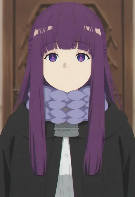 masterpiece, best quality, amazing quality,,, shiny skin,,,,,,, <lora:Fern:1> f3rn, fern (sousou no frieren), long hair, purple hair, blunt bangs, sidelocks, straight hair, purple eyes,, capelet, white capelet,white dress, black coat, purple scarf,