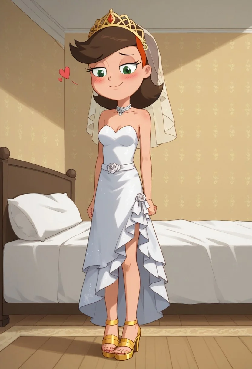 score_8, score_8_up, score_7_up, BREAK, masterpiece, highres, source_cartoon, 1girl, solo, cute, female focus, solo, adyson, brown hair, green eyes,
blushing red, bedroom eyes, shy, Smile, hearts, looking down, blushing, cute,
Wedding dress, Wedding veil, Golden tiara, Golden Wedding ring, Golden high heels sandals,
detailed background, living room, bedroom, standing, full body, barefoot,
<lora:Adyson_Sweetwater_Phineas_and_Ferb:1>
