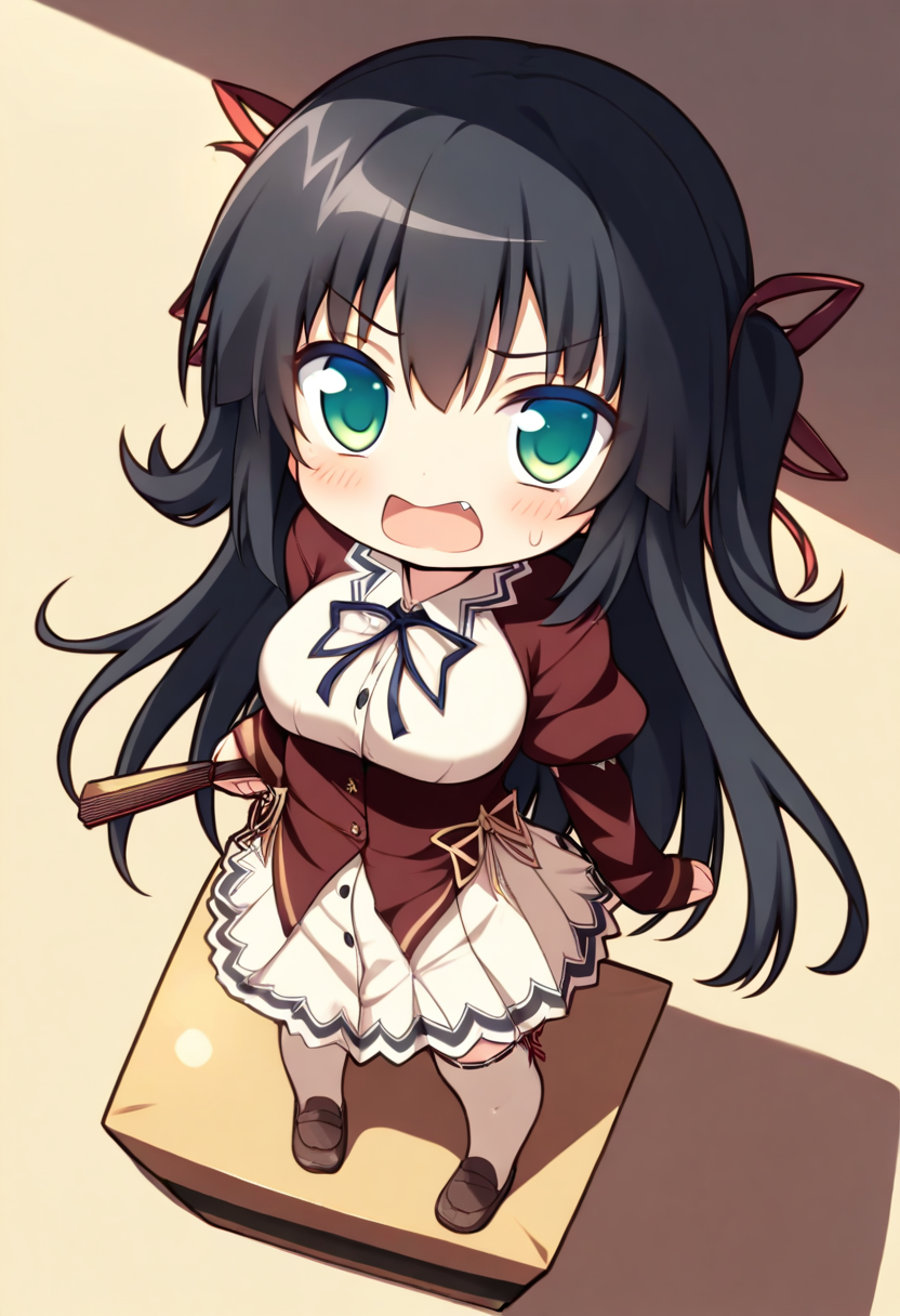 masterpiece,high score,great score,absurdres,<lora:Kiryuuin Rindou_ani4_xl_v1-000010:1>,
1girl,solo,black hair,long hair,green eyes,hair ribbon,looking at viewer,red ribbon,angry,open mouth,blush,kiryuuin rindou,school uniform,standing,chibi only,standing on object,box,holding fan,fang,from above,white thighhighs,pov,height difference,pointing,