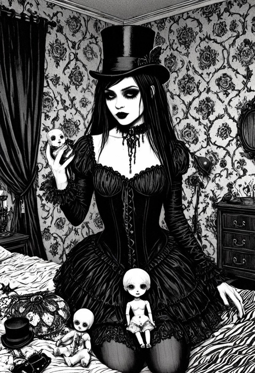 drawing, gothic, digital illustration, flat colors, line art, heavy film grain, black and white, 18 year old pretty goth girl, top hat, holding cracked porcelain_doll, bedroom,   sexy, creative angle, sexy poses