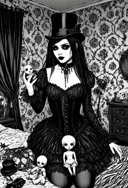 drawing, gothic, digital illustration, flat colors, line art, heavy film grain, black and white, 18 year old pretty goth girl, top hat, holding cracked porcelain_doll, bedroom, sexy, creative angle, sexy poses