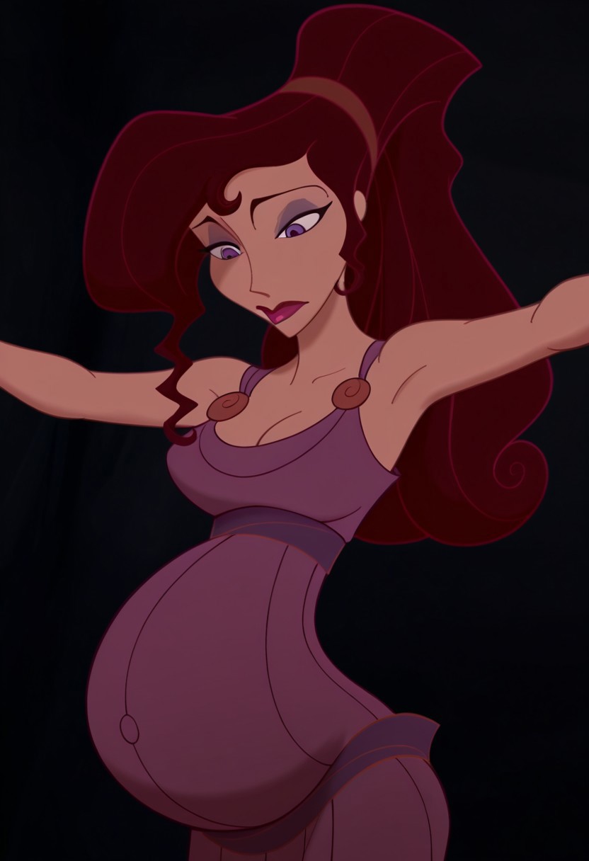 1girl, masterpiece, best quality, amazing quality, absurdres, <lora:Megara__Illustrious:1> m3g4r4, megara (hercules disney), long hair, tied hair, brown hair, purple eyes, purple Greek dress, cleavage, sexy makeup, lipstick, pregnant, arms stretched apart, looking down at her tummy,