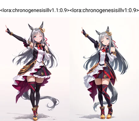 1girl, solo, chrono genesis \(umamusume\), horse girl,
fingerless gloves, detached sleeves, white sleeves, black sleeves, black skirt, layered dress, asymmetrical sleeves, thighhighs, boots,
smirk, one eye closed, raised inner eyebrows,
standing, legs together, index finger raised, contrapposto, outstretched arm,
full body,
white background, looking at viewer,
<lora:chronogenesisillv1.1:0.9>,
masterpiece, best quality, amazing quality, very aesthetic, absurdres, highres, newest, <lora:xl_saturation_slider:0.1>, <lora:add-detail-xl:1>, <lora:illustriousXLv01_stabilizer_v1.164:0.4>, <lora:reduce_wrinkles_illstriouosv0.1_ADDifT_2_in_1_v1.2:0.9>,