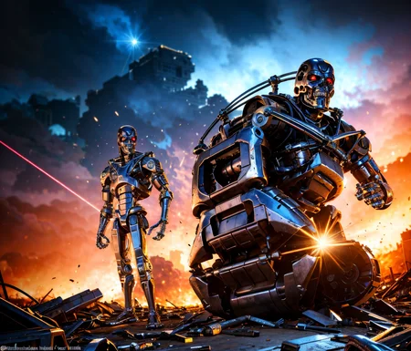 apocalypse buildings in ruins destroyed, explosions in the background, night sky, full body shot (Realisitc:1.5) man terminator firing laser gun, <lora:EdobTerminator_v1.0:0.8>