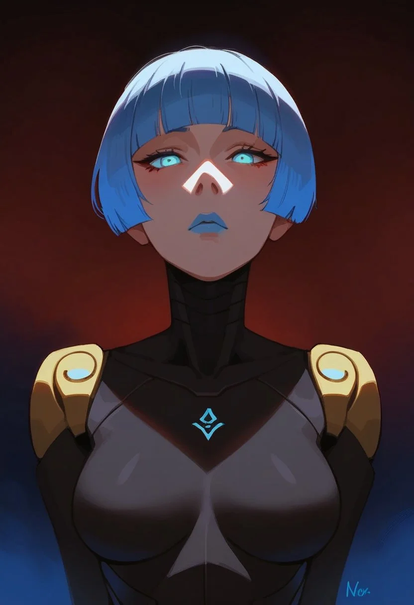 score_9, score_8_up, score_7_up,source_anime, 1female, ((ultra-detailed)), masterpiece,best quality, highly detailed, (digital painting), score_9, score_8_up, score_7_up, (Expressiveh:0.8), (g0thicPXL, glowing, neon:0.8), (Expressive) (1girl, solo:1.1), cute, (rating_explicit), source_anime, (2d, 2D artwork), (nsfw), ((solo:1.1)), 1girl solo focus.
BREAK
pretty woman, 21 year old, robot joints, 1girl, very pale skin, white skin, light blue eyes, ((glowing eyes:0.8)), very short hair, bob haircut, blunt bangs, blue hair, bodysuit, black bodysuit, blue lipstick, expressionless, sexy pose, public, downtown city