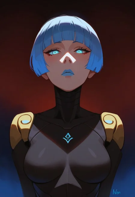 score_9, score_8_up, score_7_up,source_anime, 1female, ((ultra-detailed)), masterpiece,best quality, highly detailed, (digital painting), score_9, score_8_up, score_7_up, (Expressiveh:0.8), (g0thicPXL, glowing, neon:0.8), (Expressive) (1girl, solo:1.1), cute, (rating_explicit), source_anime, (2d, 2D artwork), (nsfw), ((solo:1.1)), 1girl solo focus. 
BREAK 
pretty woman, 21 year old, robot joints, 1girl, very pale skin, white skin, light blue eyes, ((glowing eyes:0.8)), very short hair, bob haircut, blunt bangs, blue hair, bodysuit, black bodysuit, blue lipstick, expressionless, sexy pose, public, downtown city