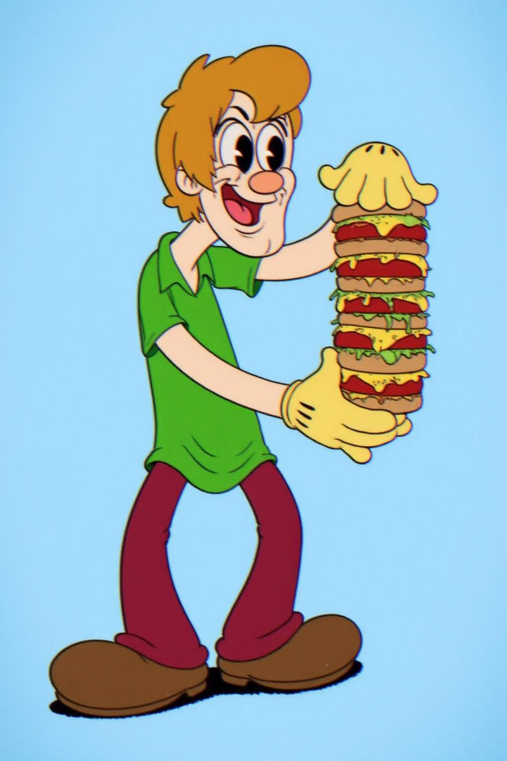 rubber hose animation style.
Shaggy from the cartoon series Scooby-Doo, holding a towering stack of burgers. He has short brown hair and is wearing a green polo shirt and red pants. <lora:rubberhose1_cap_d8a4:1.0><lora:844377273457971089:0>