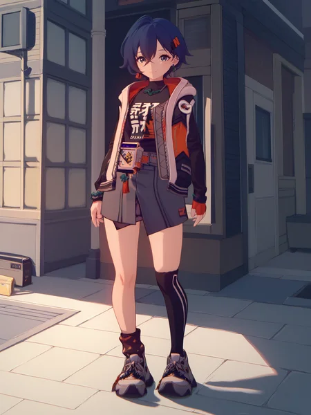score_9, score_8_up, score_7_up, BREAK, BelleZZZ, short blue hair, orange hairpin, black T-shirt, green pendant, unbuttoned jacket, audio player on belt, one fingerless glove, gray skirt, one black stocking, one sock, sneakers <lora:BelleZZZ:1>