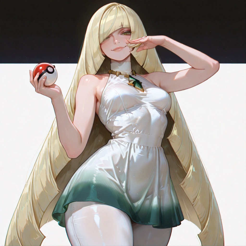 masterpiece,best quality,amazing quality, absurdres, volumetric lighting, chromatic aberration, 4k, intricate details,
1girl, solo, slender body, (small breasts), lusamine (pokemon) green eyes, detailed eyes, blonde hair, very long hair, hair covering one eye, detailed lips, glossy lips, soft lips, white dress, sleeveless dress, gradient dress, large breasts, jewelry, gem, necklace, wide hips, thick thighs, white leggings, two-tone leggings, high heels, white footwear, looking at viewer, standing, cowboy shot, holding a pokeball, cool pose, sexy pose, cute smile, dynamic pose, plain white background, celshaded cannedmos, 69yottea_style_illu, 7481llu, lineart,
