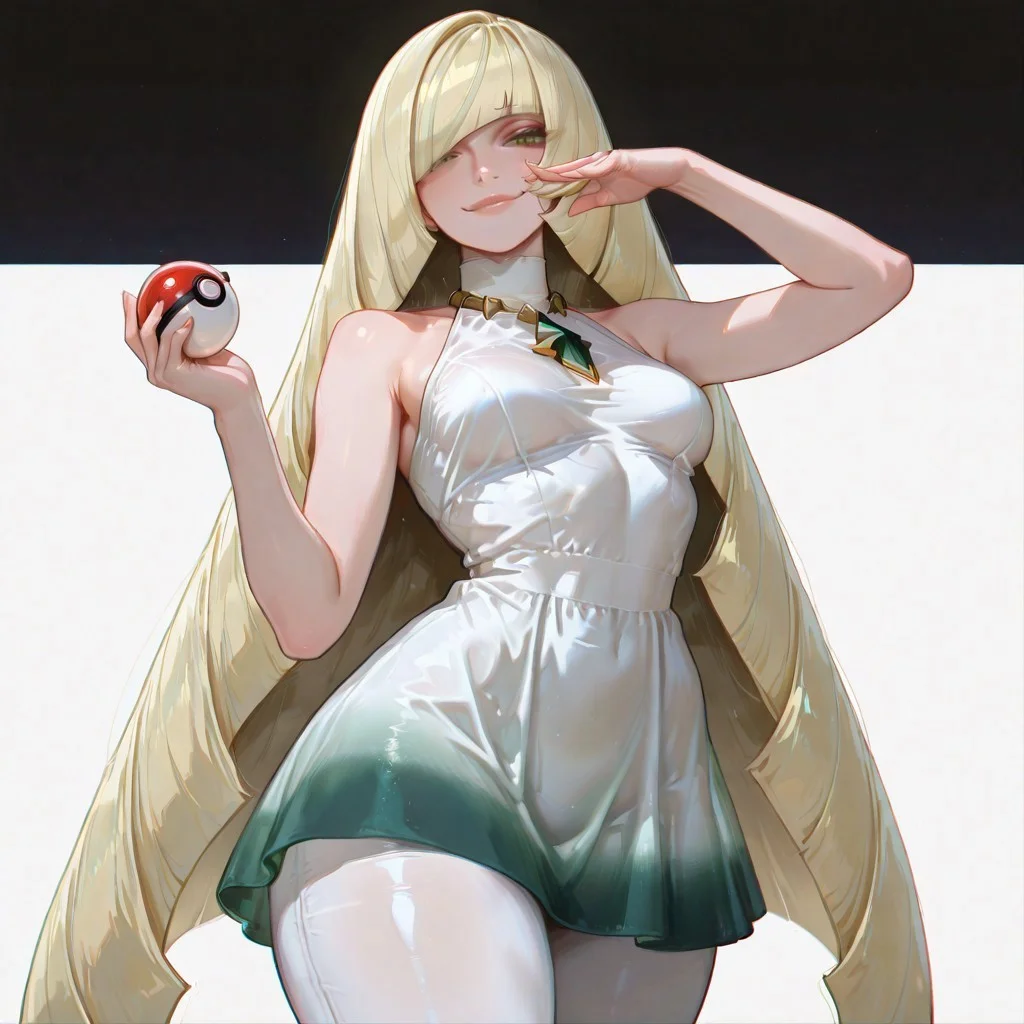 masterpiece,best quality,amazing quality, absurdres, volumetric lighting, chromatic aberration, 4k, intricate details,
1girl, solo, slender body, (small breasts), lusamine (pokemon) green eyes, detailed eyes, blonde hair, very long hair, hair covering one eye, detailed lips, glossy lips, soft lips, white dress, sleeveless dress, gradient dress, large breasts, jewelry, gem, necklace, wide hips, thick thighs, white leggings, two-tone leggings, high heels, white footwear, looking at viewer, standing, cowboy shot, holding a pokeball, cool pose, sexy pose, cute smile, dynamic pose, plain white background, celshaded cannedmos, 69yottea_style_illu, 7481llu, lineart,
