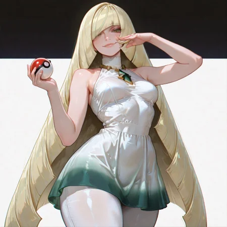 masterpiece,best quality,amazing quality, absurdres, volumetric lighting, chromatic aberration, 4k, intricate details,
1girl, solo, slender body, (small breasts), lusamine (pokemon) green eyes, detailed eyes, blonde hair, very long hair, hair covering one eye, detailed lips, glossy lips, soft lips, white dress, sleeveless dress, gradient dress, large breasts, jewelry, gem, necklace, wide hips, thick thighs, white leggings, two-tone leggings, high heels, white footwear, looking at viewer, standing, cowboy shot, holding a pokeball, cool pose, sexy pose, cute smile, dynamic pose, plain white background, celshaded cannedmos, 69yottea_style_illu, 7481llu, lineart,
