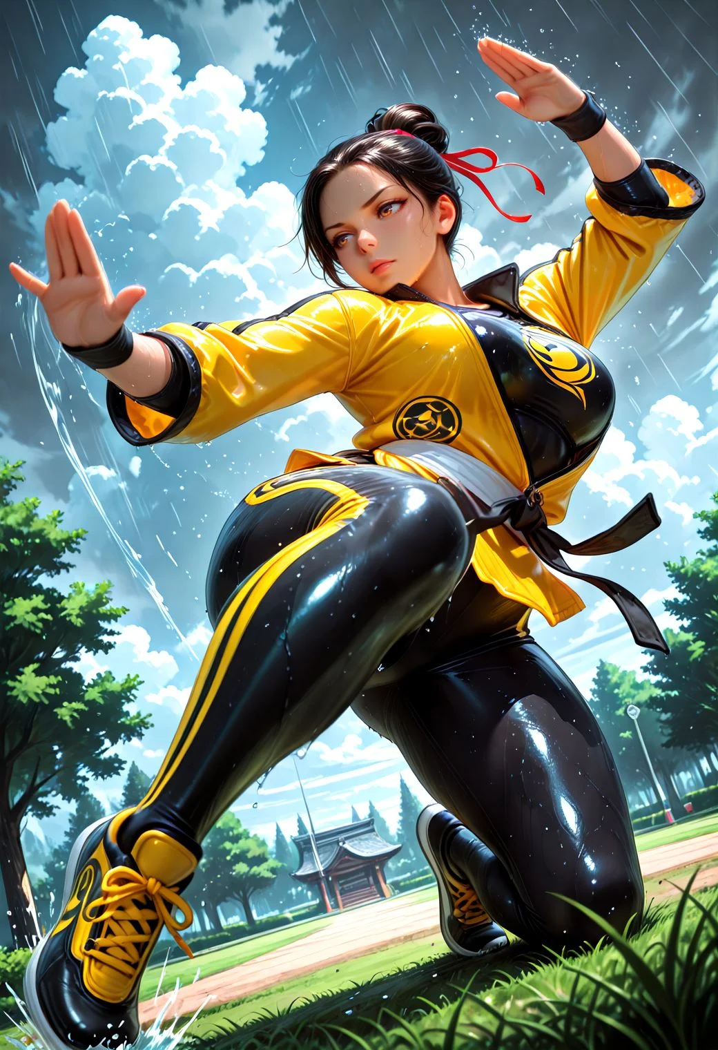 Smooth_Quality, (impressionism:1.5), dynamic composition, 1girl, mature female, fitness body, wet clothes, master dojo uniform, fighting stance, kicking, rain wet, outdoors, cloudy sky, grass, park, motion lines, motion blur, foreshortening, cinematic angle, dutch angle, dynamic angle, <lora:Smooth_Lighting_Enhancer:0.2> <lora:Smooth_Booster:0.5>