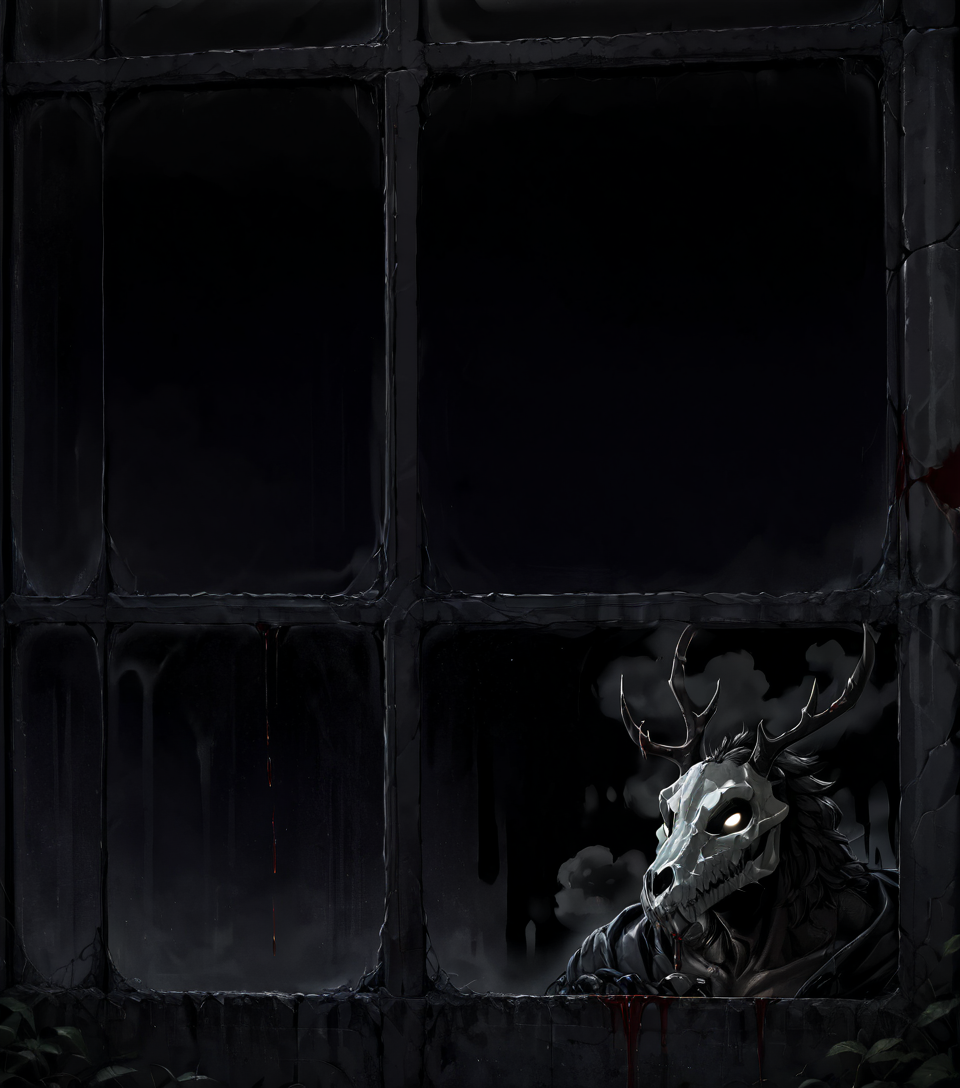 score_9, score_8_up, score_7_up, score_6_up, source_monster, BREAK, ((((outside of window)))),  glass, (outside glass), closed window, three quarter view, looking in, close up, window fog, (closed mouth), blood, (scratched window), claw mark on window, ((((darkness)))),(pitch black), night time, ((obscured by darkness)), glowing eyes in darkness, barely visible, hidden, hiding, blackest black, black background, (w3ndigo), (glowing eyes),  skull face, antlers,  sharp teeth, black skin,<lora:Wendigo for PonyXL:0.6>, <lora:SDXL_Black_Sa_May:2>