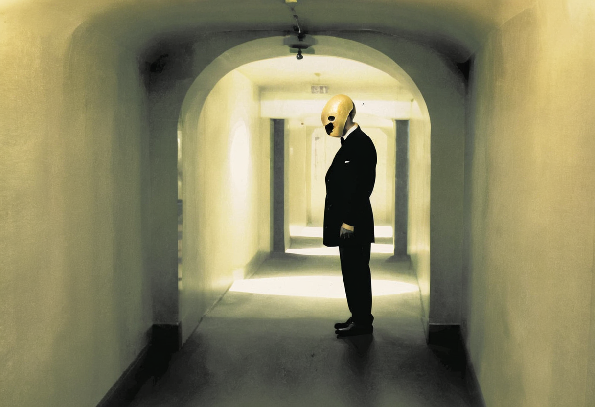 man standing in a corridor, uncanny, lynch style <lora:lynchstyle_v0.0.3:1.25>