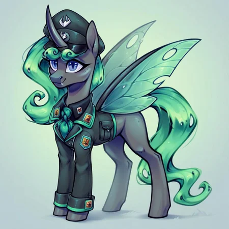 masterpiece, score_9_up, score_8_up, score_7_up, score_6_up, (best quality:1.1), ultra-detailed, high resolution, 1character, Aurantia, changeling queen oc, mlp, feral, black skin, long mint-green mane, (((beautiful detailed dark blue eyes))), long eyelashes, single horn, ears, Insect wings, closed mouth, smile, military uniform, military patches, green necktie, peaked cap, fangs, detailed facial features, full body, expressiveh, simple background, highly visible, sharp focus, anatomically correct